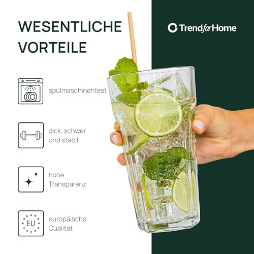Foto von TREND FOR HOME Cocktailgläser Groß Trinkglas Caipirinha Gläser 630 ml Set von 6 Cocktail Highball Wasser Glässerset XXL Tumblers Retro Design Spülmaschinenfest Kollektion Alva Transparent