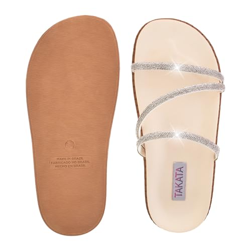 Papete Feminina Strass Birken Rasteira Chinelo Casual (OffWhite, BR, Adulto, Numérico, 36)