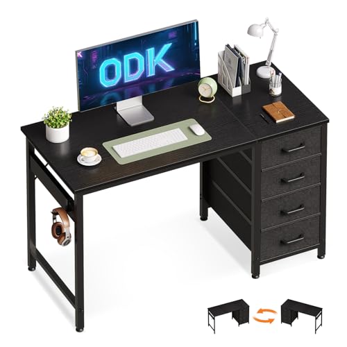 ODK Kleiner Schreibtisch mit 4 Schubladen, 100x48x75.7cm Computertisch Umkehrbarer Bürotisch mit Kopfhörer Halter, PC Tisch Holz für Heimbüro, Schwarz