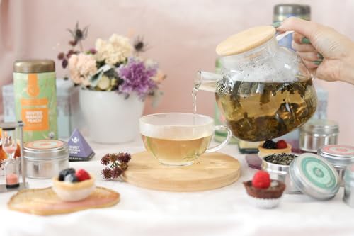 Image of Teabloom Stovetop Safe Glass Teapot with Bamboo Lid (40oz /1200ml) + Loose Leaf Tea Filter Spout + 2 Blooming Teas + Large Bamboo Trivet - Natural Flowering Tea Gift Set