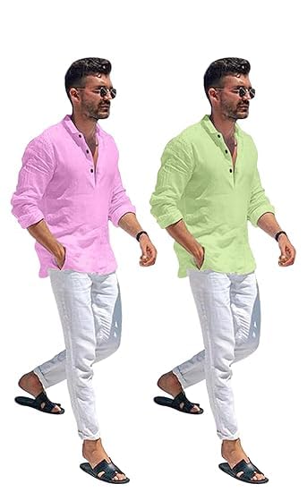 Image of Bellstone Men's Cotton Blend Straight Kurta Shirt Combo with Mandarin Collar - Slim Fit Casual Short Kurti Set Featuring Textured Slub Fabric and Roll-Up Full Sleeves