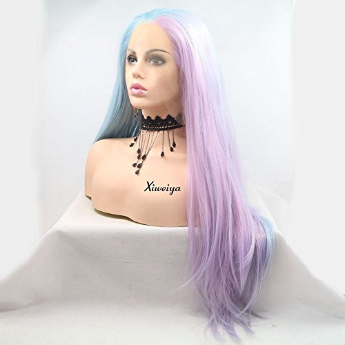 Xiweiya Straight Mermaid Piano Color Purple Pink To Blue 2 Tone Synthetic Lace Frontal Wig Half Blue Half Pink Purple Add Hand Crochet Lace Wig for Women Drag Queen Halloween Cosplay - Image 4