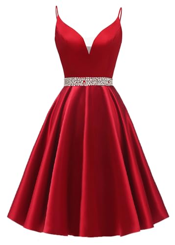 Satin Homecoming Dresses 2025 Spaghetti Straps Short Prom Dresses V-Neck Beaded Evening Formal Party Gowns