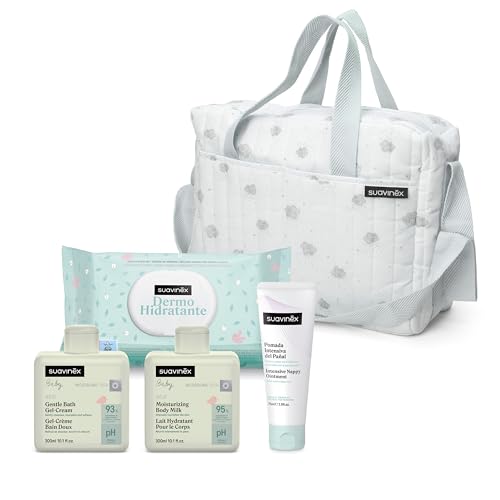 Suavinex, Borsa cambio bambino con cosmetici: Gel detergente delicato 300 ml + Latte idratante 300 ml + Crema per il cambio 75 ml + Salviette 60 unità. Regalo di nascita per bambina e bambino, blu
