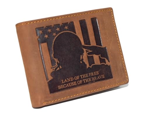 MARSHAL Men's Vintage Genuine Leather RFID Wallet with Military Tribute Design – 'Land of the Free, Because of the Brave' Engraving, Western Style (Tan)