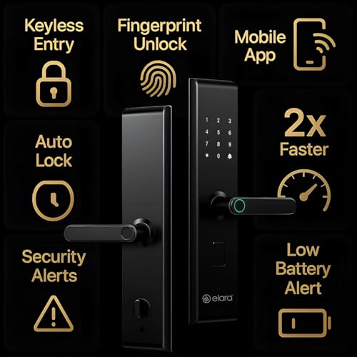 Image of Elara Echo Lite Smart Door Lock, Fingerprint, Card, App, OTP, Keys, PIN Unlock, Alarm Alert, Bluetooth & WiFi, Black, 2 Year Warranty.