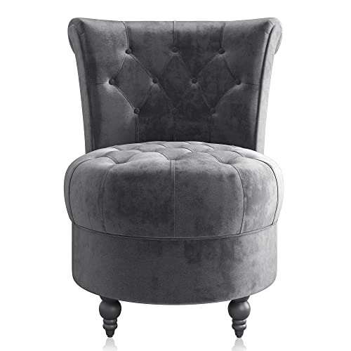 Belleze Throne Royal Chair, Button-Tufted Accent Chair, Upholstered Velvet Chair, Low Back Armless Chair With Thick Padding And Rubberwood Legs - Malik (Grey) #TOP6
