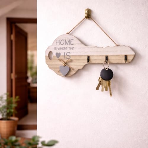 Image of CraftVatika Wooden Key Holder for Wall with 3 Hooks, Key Shape Wall Hanging Organizer Rack, Decorative Entryway Holder for Home Entrance, Wall Mounted Stand, Housewarming Gift, Home Decor Item