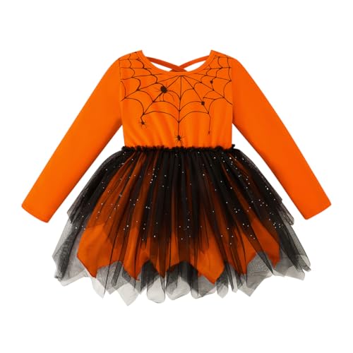LYSMuch 18M-10Y Toddler Girls Halloween Dress Spider Tulle Dresses Long Sleeve Tutu Outfits Pumpkin Clothes