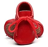 Infant Baby Boys Girls Tassel Hard Sole Moccasins lace-up Genuine Leather Wedding Shoes Anti Slip Crib Baptism Loafers Shoes(231 Red 13)