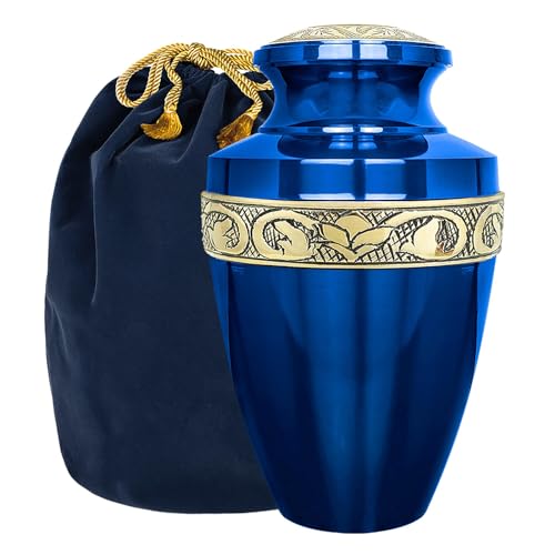 Trupoint Memorials Cremation Urns for Human Ashes, Decorative Burial Urn for Adult Men and Women, Large Grecian Blue and Gold