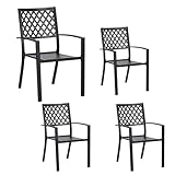 MF Studio Black Metal Patio Stacking Chairs Wave Back Indoor Outdoor Dining Set Wrought Iron Chair with Arm, Set of 4