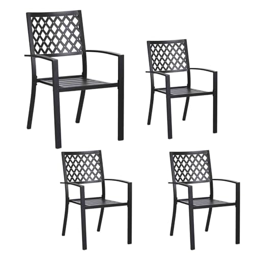 PHI VILLA Patio Dining Stackable Chairs, Outdoor Wrought Iron Furniture Set Bistro Chairs with Armrest,Black (Fishnet Pattern, 4 Set)