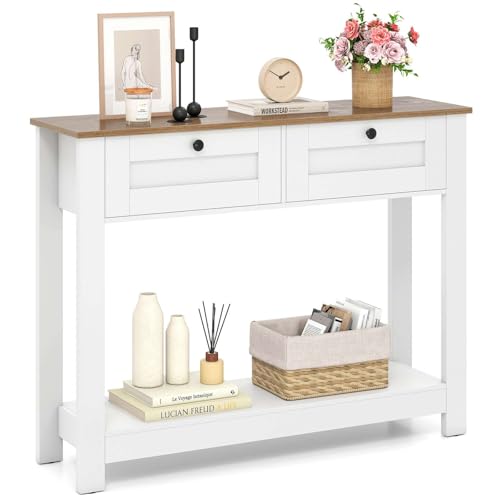 Costway Console Table with 2 Drawers, 106 cm Long Entryway Table with Storage Shelf, Rustic Farmhouse Entry Table, Narrow Sofa Table for Living Room Kitchen Dining Room