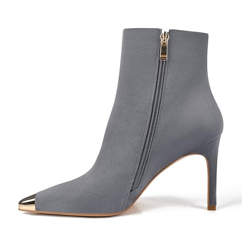 XINIUNIU Women's Ankle Boots Kitten Stiletto Heels Booties Metal Pointed Toe Suede Side Zipper 3.5 Inch Short Boot Dress4