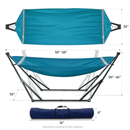 Image of Tranquillo Ultimate Relaxation Portable Hammock Stand with Cotton Canvas Net, Spreader Bar, Quick Fold Unfold in 30 Seconds Steel Frame Hammock 600 lbs Capacity Outdoor, Blue