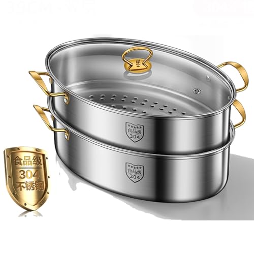 ZOLPINL Vaporera de Pescado de Acero Inoxidable de 2 Niveles, Olla Ovalada Multiusos para Pasta con Tapa de Vidrio, Rejilla y Placa de cerámica, para cocinar Pescado al Vapor y Sopa.