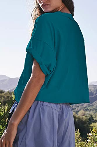 Image of HUGOOME Womens Oversized Workout Crop Top Casual Short Sleeve Boxy Roll Hem | Basic Half Split Sleeve Drop Shoulder Loose Yoga Running Gym Tee Cropped T-shirt Solid Trendy Relaxed Daily Tee