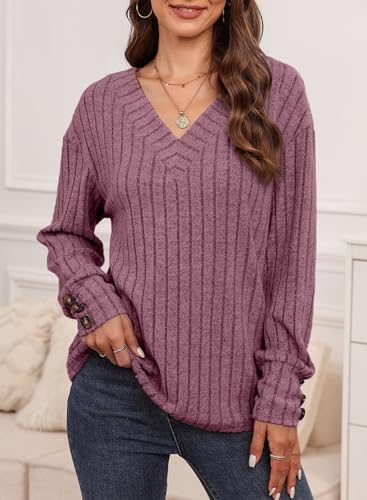 Image of Dokotoo Womens Tops V Neck Lightweight Sweater Fall Long Sleeve Top 2026 | Decorative Buttons, Soft Breathable Knit Material, Pullover Tunic Tops, Business Casual, Fall Outfits, Winter Clothing 2026