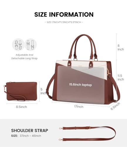 Image of LOVEVOOK Laptop Tote Bag for Women, Leather Business Office Work Bag Computer Briefcase with Small Clutch fit for 15.6 Inch Laptop,Brown-Beige