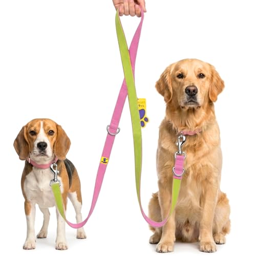 Image of A+a Pets' Multi-Function Cotton Leash to Walk 2 Dogs | Long, Short, Hands Free, Traffic, Running, Walking | Adjustable, Soft Comfortable (Pink & Green)