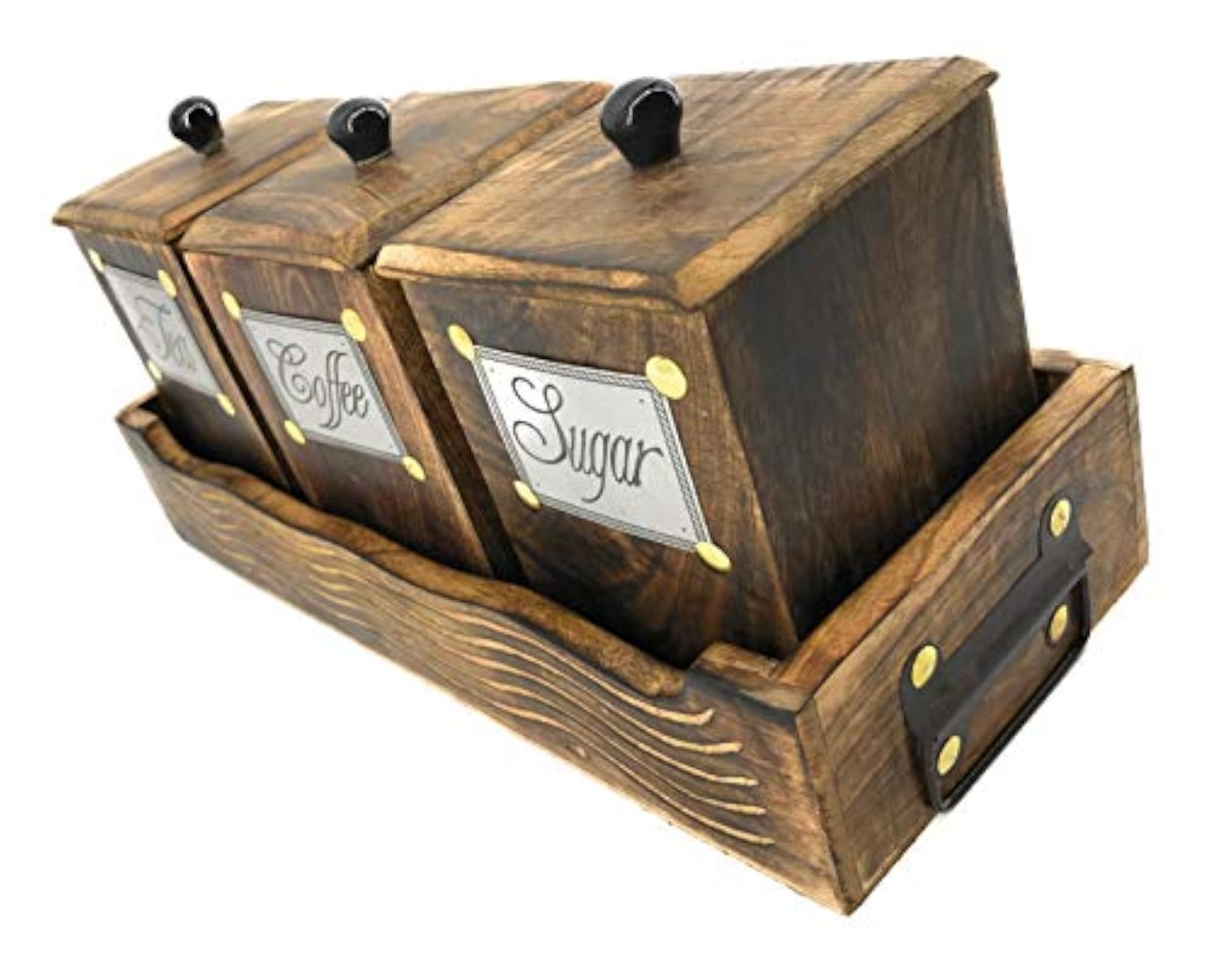Wooden Tea Coffee Sugar Container Tray Set of 3