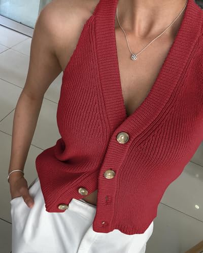 Image of Womens Button-Front Sweater Vest Top V Neck Sleeveless Knit Tank Fitted Halter Raceback Cardigan Vest