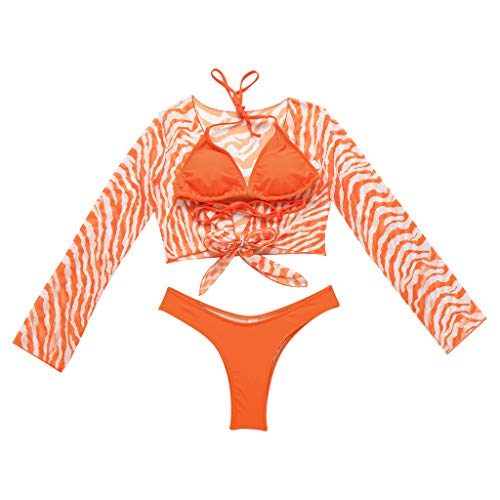 Women's Bikini Print Set Swimsuit Three Piece Filled Bra Swimwear Beachwear Boys Swimming Shorts Size 14 Orange #TOP4