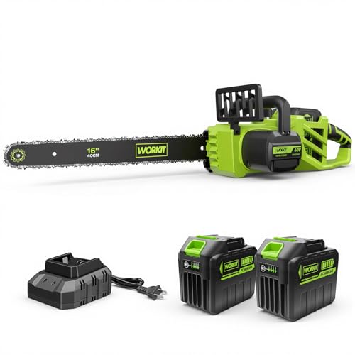 WORKIT 16 Inch Electric Chainsaw, 40V Brushless Chain Saw Cordless with 2×4.0Ah Batteries, Tool-Free Chain Tension, Auto Oiling, Battery Chainsaw for Tree Trimming, Wood Cutting, Yard Work