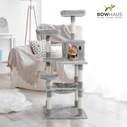Image of BOWHAUS Tall Cat Tree for Indoor Large Cats or Kittens, Multi-Level Cat Activity Tree with Scratching Posts, Hammock, Cat Cave Condo, Modern Cute Small Cat Climbing Tower with Widened Perch