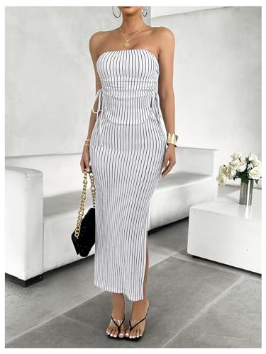 MakeMeChic Women's 2 Piece Outfits Striped Print Tie Side Bandeau Tops and Bodyon Midi Skirt Set4