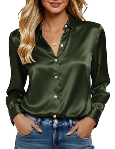 Satin Blouses for Women, Long Sleeve Silk Button Down Shirts for Ladies