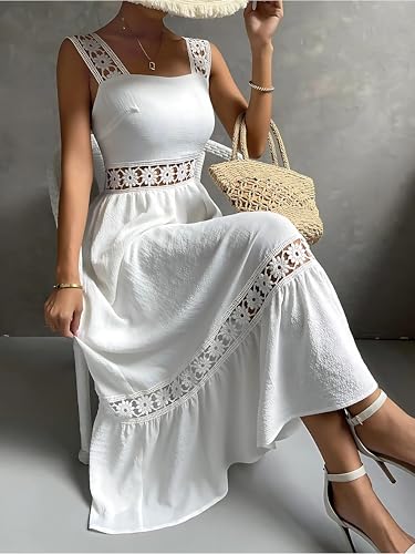 Image of White Crepe & Lace Crochet Midi Dress