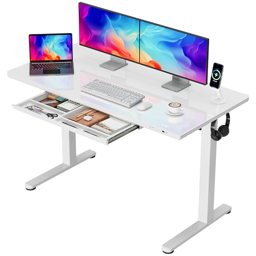 Furmax Glass Standing Desk with Drawers Electric Adjustable Home Office Sit Stand Desk with One-Piece Desktop & USB Charging Port for Computer Desks
