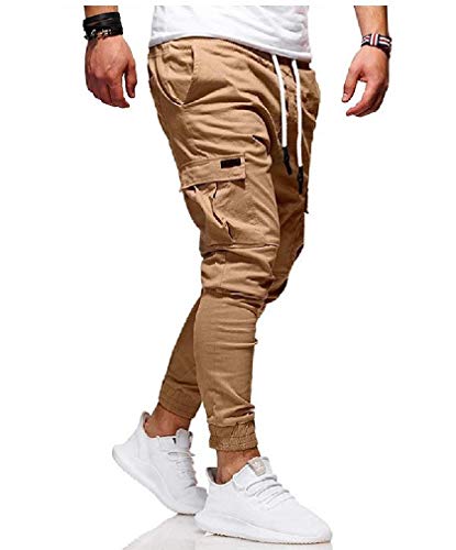 VITryst-Men Calça de corrida masculina com ajuste atlético e bolsos laterais, Caqui, S
