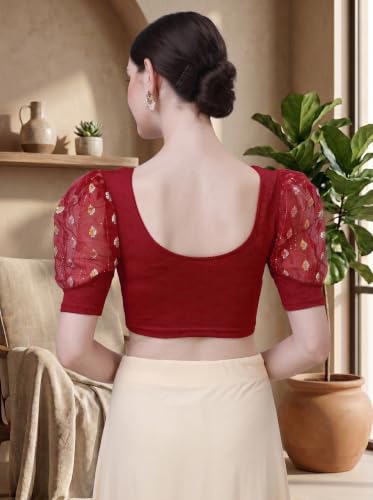 Image of SFT Women's Cotton Lycra Blend Readymade Saree Blouse with Round Neck Half Sleeves Solid Pattern Knit Weave Regular Fit and Pull On Closure