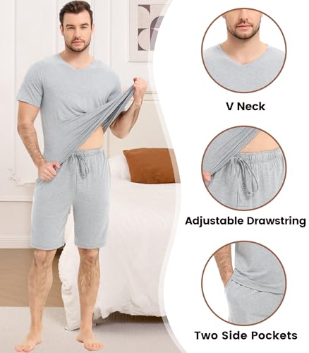 Image of NACHILA Men's Pajamas-Viscose Made from Bamboo, Short Sleeve Top with Shorts Pjs Set V Neck Sleepwear Cool Loungewear