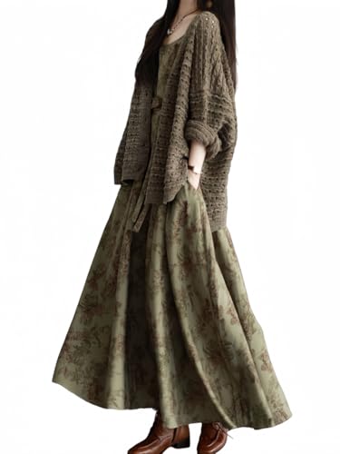 Image of Womens Chinese Vintage Floral Maxi Dress - Boho Dress with Chunky Knit Cardigan Sweater Cottagecore Fall Casual Dresses(Green,Small)
