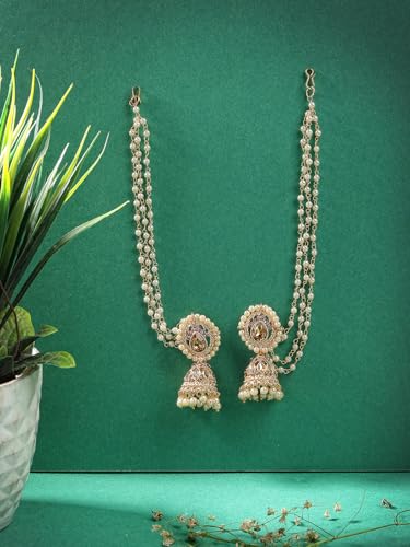 Image of Sukkhi Fashion-Forward Ethnic 18k Gold Plated with Kundan & Pearls Studded Long Earchain with Jhumka /Jhumki Earring Jewellery For Women & Girls|E107335