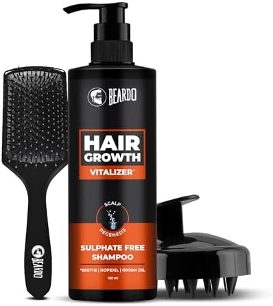 Beardo Hair Growth Vitalizer Shampoo 200ml, Scalp Massager, Detangling Hair Brush (Set of 3) | Men Accessories | Shampoo for Men | Soft Silicone Bristles for Dry Massage, Oil & Shampoo | Stimulate Hair Growth, Improve Scalp Health, and Effortlessly Detangle for Stronger Hair | Hair comb for Men