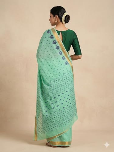 Image of eC ESHA'S COLLECTION Women's Kerala Cotton Floral Motif Printed Zari Bordered Tant Saree Without Blouse Piece