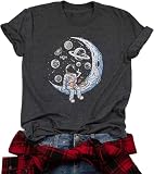 Space Shirts for Women NASA Shirt Moon Graphic Tees Astronaut Print T Shirt Space Fan Gift Shirt Short Sleeve Tee Tops (Large, Darkgrey)