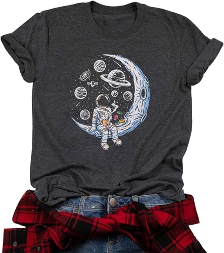Space Shirts for Women NASA Shirt Moon Graphic Tees Astronaut Print T Shirt Space Fan Gift Shirt Short Sleeve Tee Tops (Large, Darkgrey)