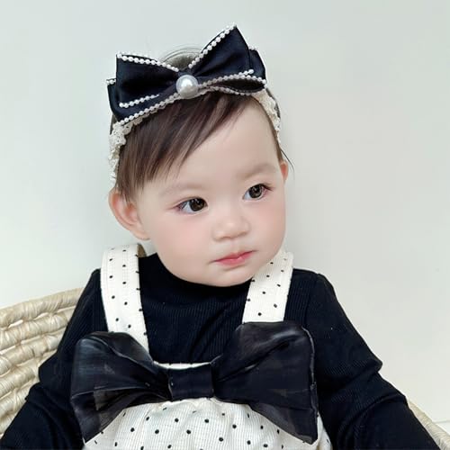 Bow Lace Headbands for Baby Girls Soft Tulle Ribbon Pearl Head Wrap Elastic Bow-knot Hair Band Shower Birthday Hair Accessory for Newborn Infant Toddler (Black B, Elastic)2