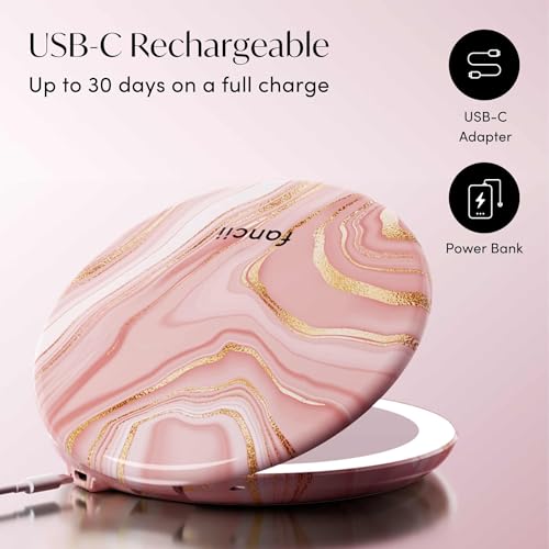 Image of Fancii Taylor LED Lighted Travel Makeup Mirror, Rechargeable, 10x /1x Magnifying, Tru-Glow Lighting System, XL Large 5 inch Wide | Compact Mirror for Purses (Marble Rose)