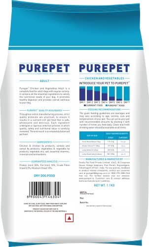 Image of PUREPET Chicken And Vegetable Adult Dry Dog Food, 1.1Kg (Buy 1 Get 1 Free), 1 Count