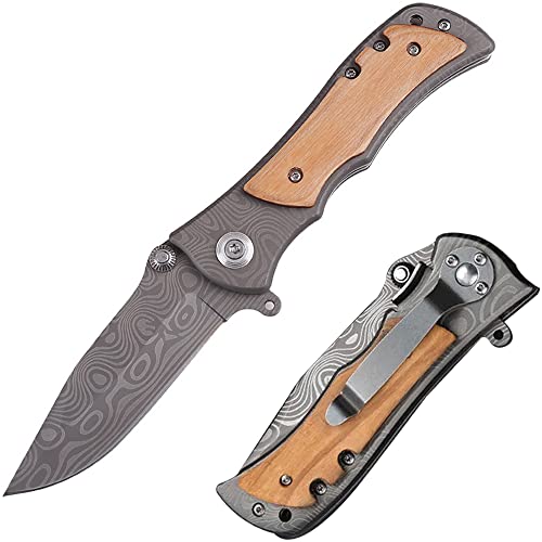 JINPIKER Klappmesser 7Cr17 Edelstahl - Taschenmesser Holzgriff, Outdoor Survival Messer für Camping, Jagd, mit Gürtelschnalle + Titanbeschichtete Klinge,Survival Messer,Rettungsmesser (Typ 7) Cover