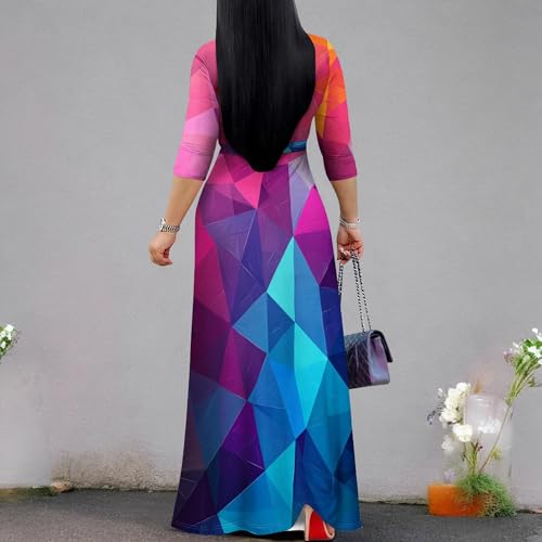 Image of PinkPatty Women's Plus Size Maxi Dresses Casual Flowy 3 /4 Sleeves Dress Printed Vacation Dress for Daily Wear with Belt