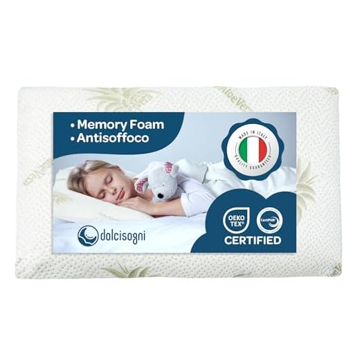 DOLCI SOGNI Cuscino Lettino Bambino Antisoffoco 50x30 Memory Foam Spessore 5,5 cm, OEKO-TEX® e CertiPUR™ Cuscino per Asilo, Guanciale Bambini Modello Aloe Cuscino da Viaggio 100% Made in Italy