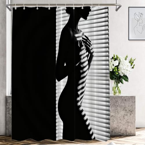 Shrahala Black Figure Line Polyester Shower Curtain, White Bath Curtain Waterproof with Plastic Rings for Shower Stall Bathtubs 72 X 60 in
